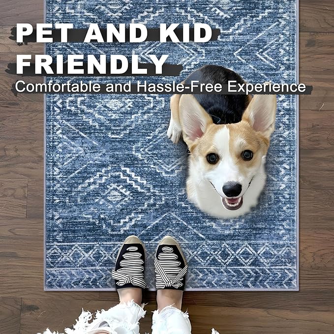 KILOCOCO Living Room Rug 5x7 Area Rug Printed Boho Washable Bedroom Rugs Non Slip Soft Large Moroccan Indoor Rugs for Dining Room Office Farmhouse Geometric Carpet, Stonewashed Blue