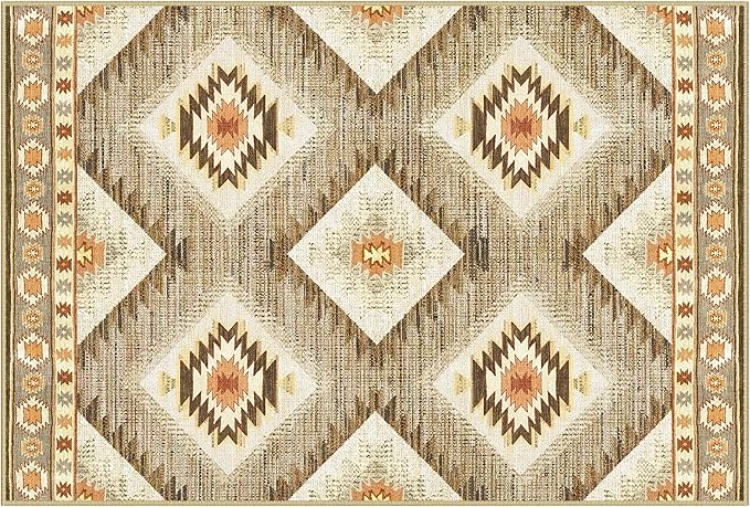 Area Rug 4x6 Rug Machine Washable Non-Slip Low Pile Print Pattern Western Rug for Living Room Bedroom Entryway Tribal Series -Cream/Camel