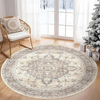 Round Rug Living Room Rugs: 4x4 Washable Boho Neutral Circle Soft Non-Slip Indoor Vintage Stain Resistant Floor Farmhouse Carpet for Bedroom Nursery Kids Playroom Entryway Dorm Home- Beige Brown