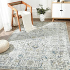 jinchan Kalen Area Rug 5x7 Washable Living Room Rug Vintage Indoor Floor Cover Retro Distressed Floral Country Boho Lightweight Non Slip Carpet for Kitchen Bedroom Dining Room Office Blue