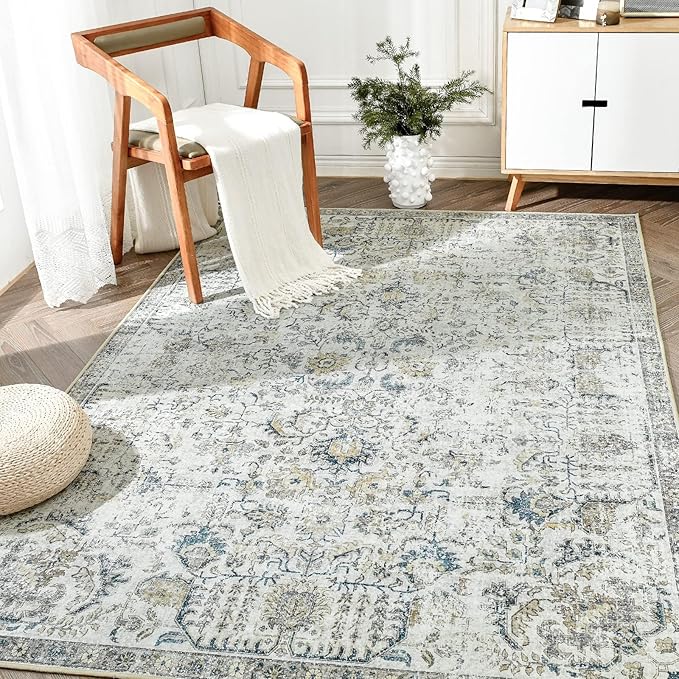 jinchan Kalen Area Rug 4x6 Washable Bedroom Rug Vintage Indoor Thin Floor Cover Retro Distressed Floral Country Boho Lightweight Non Slip Carpet for Kitchen Living Room Dining Room Office Blue