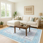 Fame Living Cream Blue Oushak Rug, Modern, Vintage, Turkish, Eclectic, Floral, Pastel, Washable, Extra Large Area Rugs for Living Room, Dining, Bedroom, Lounge, 9'x12'