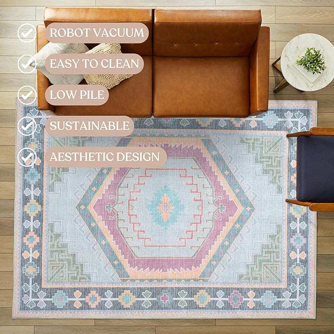 Fame Living Washable Area Rug. Modern Farmhouse. Vintage. Turkish. Bohemian. Distressed. Oriental. Traditional. Rugs for Living Room. Dining. Bedroom. Office. Entryway. Foyer. (856GP, 9'5" x 14')