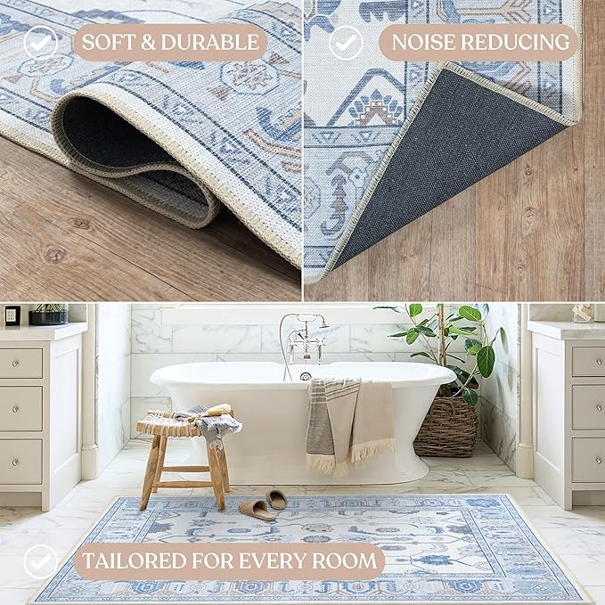 Fame Living Cream Blue Oushak Rug, Modern, Vintage, Turkish, Eclectic, Floral, Pastel, Washable, Large Area Rugs for Living Room, Dining, Bedroom, Girls, Boys, 7'5"x9'8"