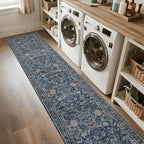 Washable Runner Rug 2x10: Vintage Boho Floral Carpet Runners for Hallway Entryway Non-Slip - Soft Botanical Low Pile Thin Mat for Kitchen Bathroom Bedroom Laundry Floor Decor - Slate Blue