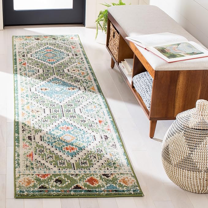 SAFAVIEH Madison Collection Runner Rug - 2'2" x 6', Green & Beige, Boho Diamond Distressed Design, Non-Shedding & Easy Care, Ideal for High Traffic Areas in Living Room, Bedroom (MAD418Y)
