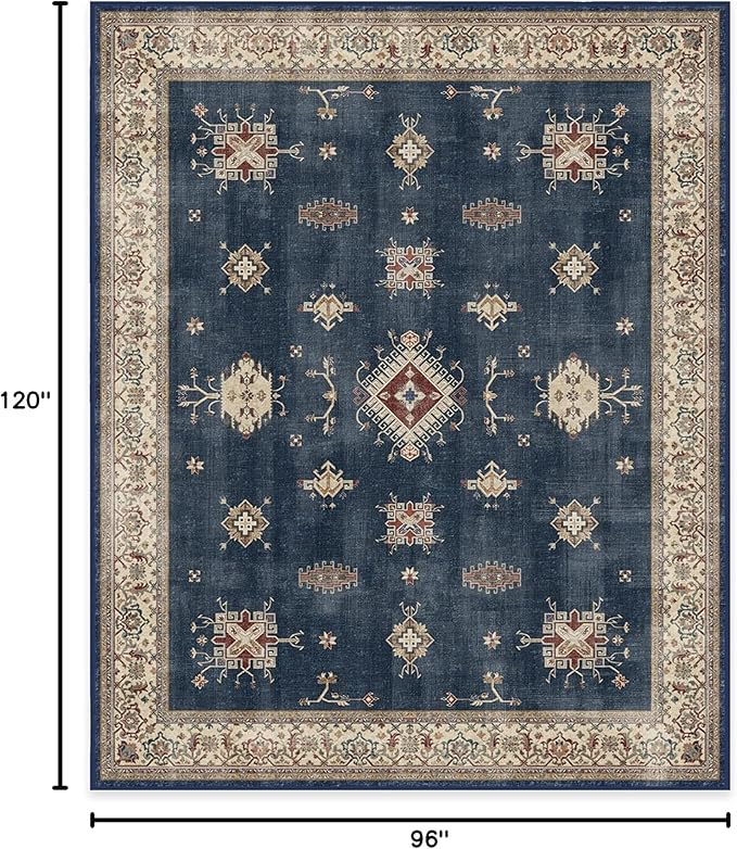RUGGABLE Washable Vintage Area Rug – Verena Sapphire 8x10, Stain-Resistant, Non-Slip – Large Machine Washable Rugs for Living Room, Bedroom, Hallway, Entryway & Office–with Cushioned Pad