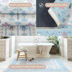 Fame Living Cream Blue Oushak Rug, Modern Small Rugs, Vintage, Turkish, Eclectic, Floral, Pastel, Washable, Door Mat, Doormat for Indoor Entrance, Entryway, Kitchen, Bathroom, Bedroom, Laundry, 2'x3'