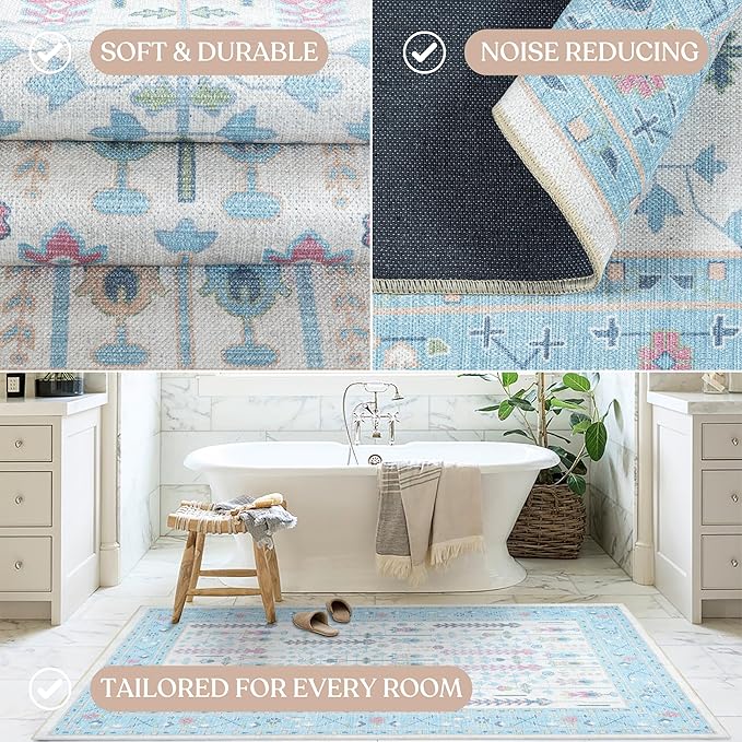 Fame Living Cream Blue Oushak Rug, Modern, Vintage, Turkish, Eclectic, Floral, Pastel, Washable, Large Area Rugs for Living Room, Dining, Bedroom, Girls, Boys, 7'5"x9'8"