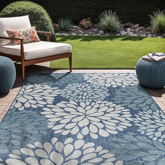 Beverly Rug Outdoor Rug 9x12 Modern Exotic Tropical Leaf Area Rugs for Indoor and Outdoor Patio Deck Porch Garden Water Resistant Washable Outside Carpet (9 x 12 Blue)