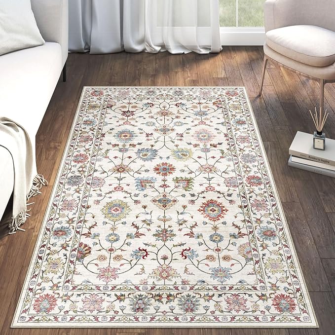 3x5 Washable Area Rug - Small Entryway Rug Non-Slip Cream Colorful Vintage Traditional Floral Kitchen Rugs Low Pile Boho Carpet Throw Rugs for Living Room Bedroom Bathroom Entrance Dorm Office