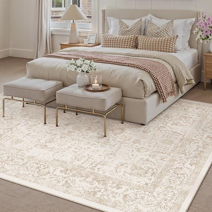 Beige Area Rug 6x9 Machine Washable Vintage Living Room Distressed Non Slip Carpet Traditional Indoor Bedroom Retro Floral Accent Throw Large Rug for Office Kitchen Dining Room