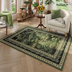 Rugcomf 3x5 Washable Rug Impressionist-Style Vintage Non Slip Low Pile Small Carpet for Bedroom Bedside Kitchen Entryway Kids Room Office College Dorm Essentials for Girls, Green