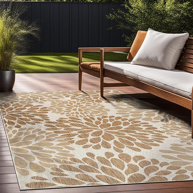 Beverly Rug Outdoor Rug 5x7 Modern Exotic Tropical Leaf Area Rugs for Indoor and Outdoor Patio Deck Porch Garden Water Resistant Washable Outside Carpet (5 x 7 Beige)