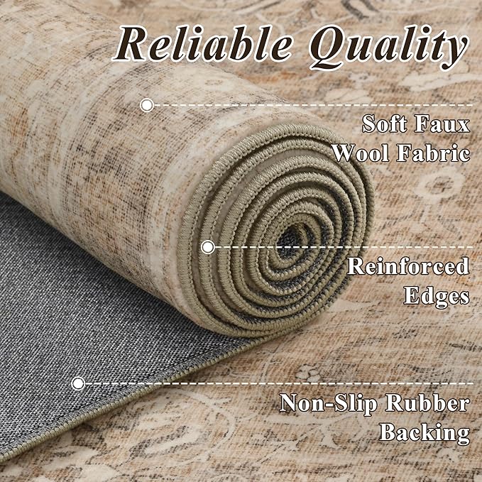 HelloTree Washable Rugs 5x7 Area Rug for Living Room, Vintage Boho Khaki Rug Non Slip Carpet Retro Accent Indoor Mat Print Distressed Low Pile Throw Large Rug for Office Bedside-Khaki