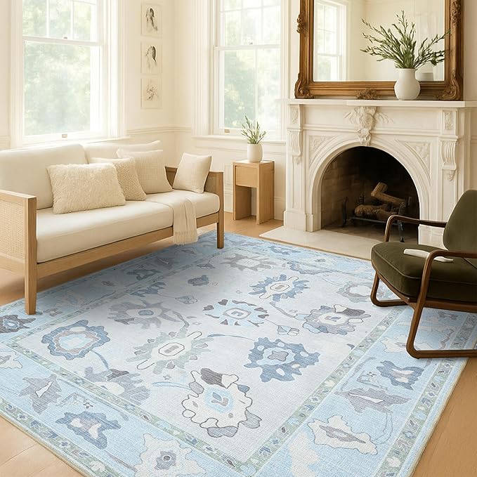 Fame Living Cream Blue Oushak Rug, Modern Rugs, Vintage, Turkish, Eclectic, Floral, Pastel, Washable, Small Throw, Accent Area Rug for Living Room, Bedroom, Kitchen, Bathroom, 2'5"x4'9"