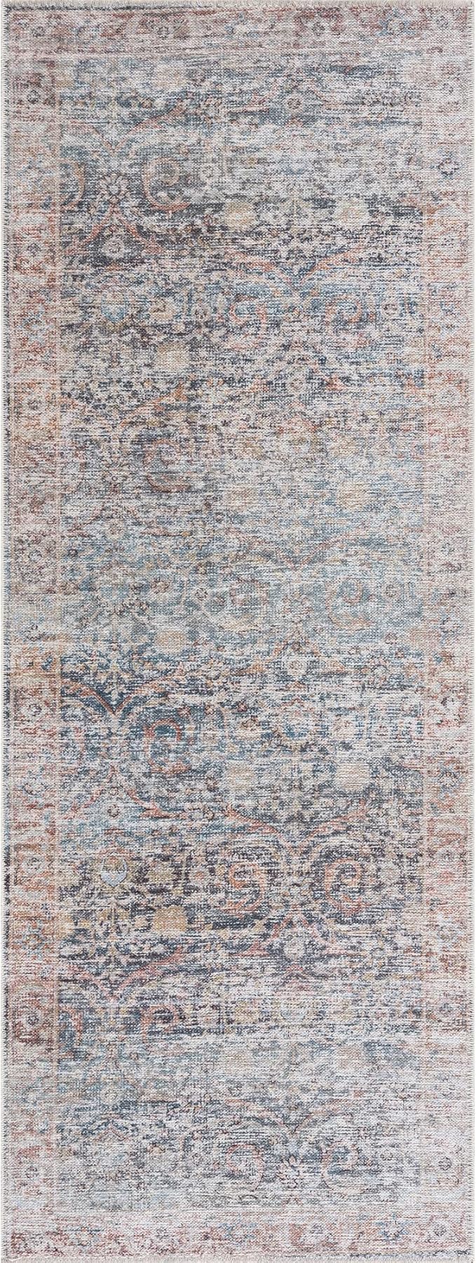 Bloom Rugs Caria Washable Non-Slip 12 ft Runner - Ocean Blue/Brick Traditional Runner for Entryway, Hallway, Bathroom, and Kitchen - Exact Size: 2'6" x 12'