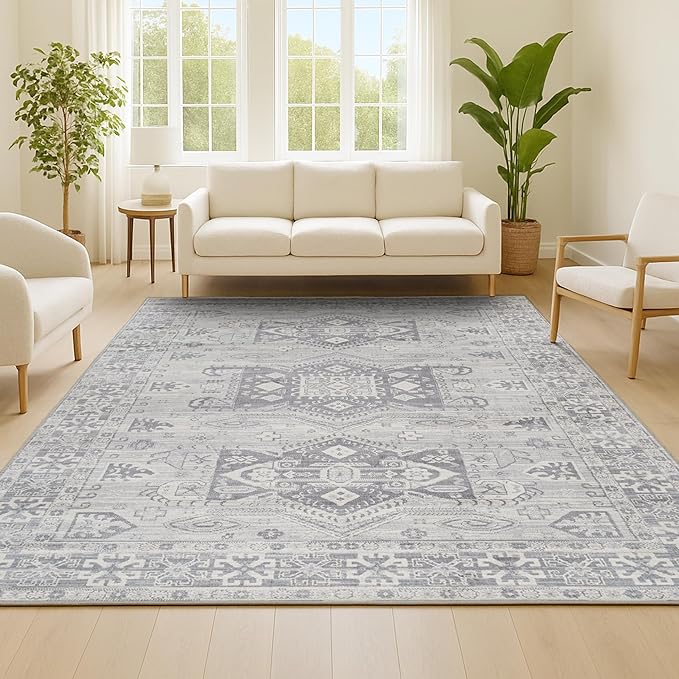 JONATHAN Y Modern Vintage Medallion Light Grey Indoor Area Rug, 8x10, Country, Floral, Easy-Cleaning for Living Room, Bedroom, Kitchen, Pet Friendly, Non-Shedding (MDP108B-8)