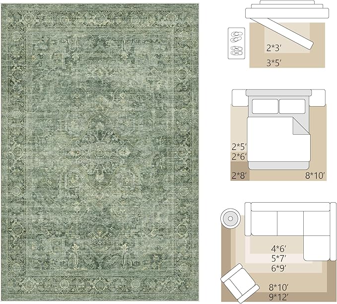 FMFUNCTEX 5x7 Washable Area Rug Green Neutral Vintage Distressed Oriental Non Slip Low Pile Traditional Indoor Carpet for Living Room Bedroom Soft Retro Throw Rug for Dining Office Kitchen Entryway