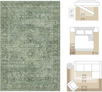 FMFUNCTEX 6x9 Washable Area Rug Green Vintage Neutral Distressed Oriental Large Non Slip Carpet for Living Room Bedroom Soft Low Pile Indoor Mat Retro Throw Rug for Dining Room Kitchen Office Nursery