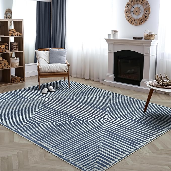 Bloom Rugs Washable Non-Slip 8' x 10' Rug - Blue Striped Area Rug for Living Room, Bedroom, Dining Room, and Kitchen - Exact Size: 8' x 10'