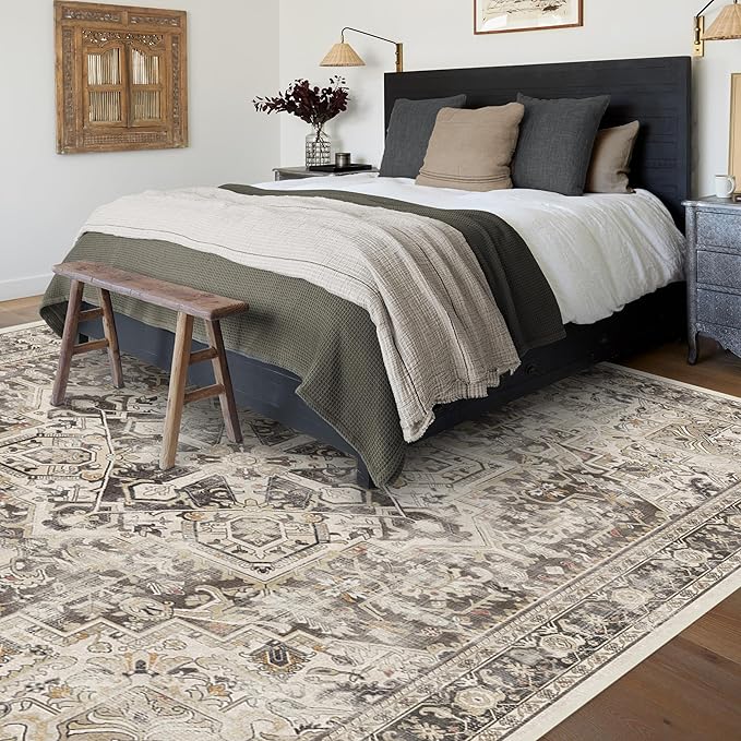 RUGGABLE Washable Vintage Area Rug – Kamran Hazel 9x12, Stain-Resistant, Non-Slip – Large Machine Washable Rugs for Living Room, Bedroom, Hallway, Entryway & Office–with Cushioned Pad
