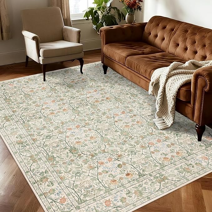 Washable Living Room Rug: 5x7 Boho Floral Soft Area Rug for Bedroom Decor - Vintage Low Pile Thin Carpet for Dining Room Non-Slip - Farmhouse Stain Resistant Rugs - Beige Green