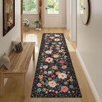 DUKINO Runner Rug, 2x7 Boho Kitchen Rug for Hallways with Low Pile Design, Washable Non Slip Backing Soft Floral Runner for Kitchen, Hallway, Entryway, Bedroom, Laundry, Black