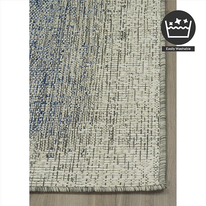 FH Home Flat Woven Outdoor Rug - Waterproof, Easy to Clean, Stain Resistant - Premium Polypropylene Yarn - Modern Ombre - Patio, Porch, Deck, Balcony - Dhruva - Blue - 5ft 2in x 7ft 6in