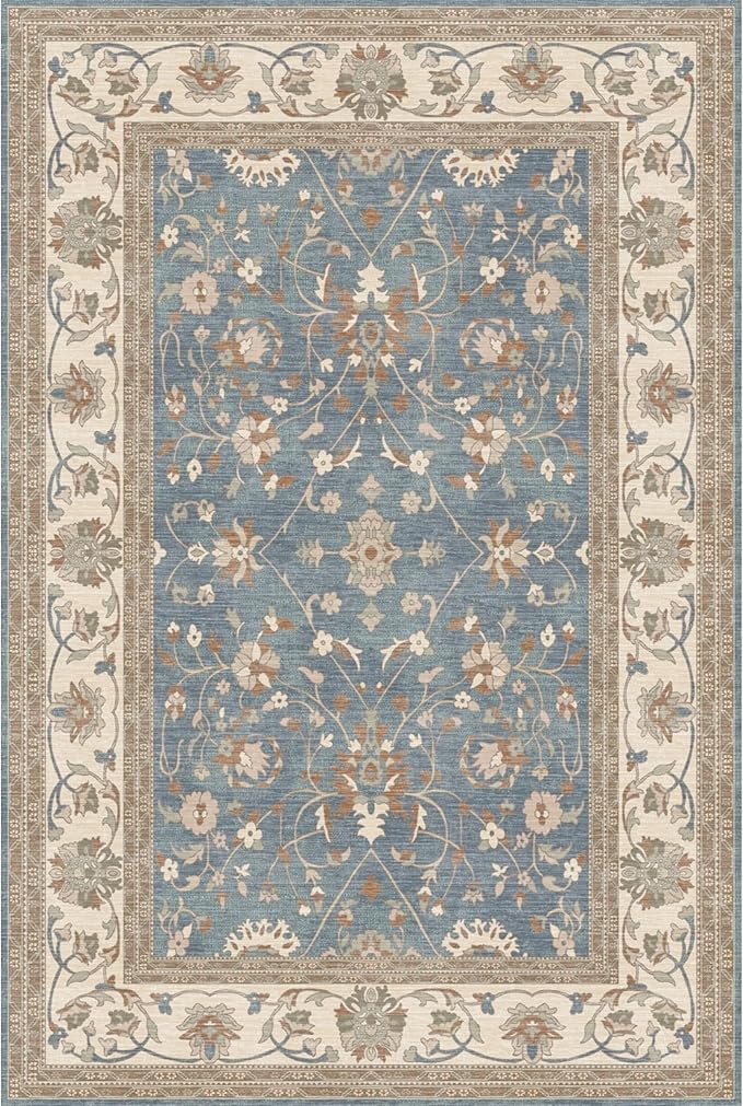 Kuden 6x9 Area Rug, Machine Washable Area Rug with Non-Slip Backing, Vintage Style, Soft, Easy Clean, Low Pile Rug for Living Room, Bedroom, Dining Room