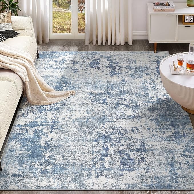 8x10 Area Living Room Rugs - Washable Neutral Modern Abstract Soft Thin Rug Indoor Floor No Slip Rug Carpet for Bedroom Under Dining Table Home Office Decor - Blue White