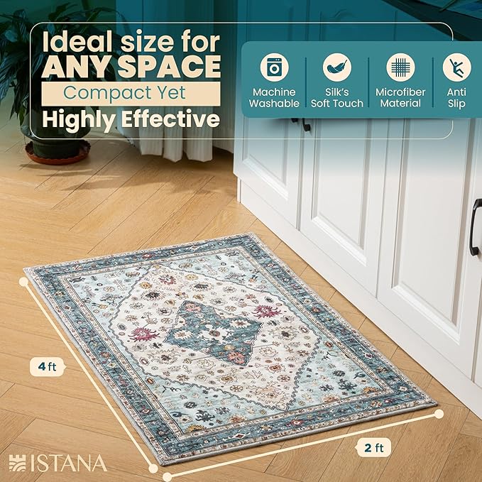 Istana Area Rug 2x4 - White Cream & Blue 2x4 Washable Rug Non Slip - Pet Friendly Living Room Rug - Non Shedding Washable Rugs for Bedroom - Foldable Bathroom Rugs