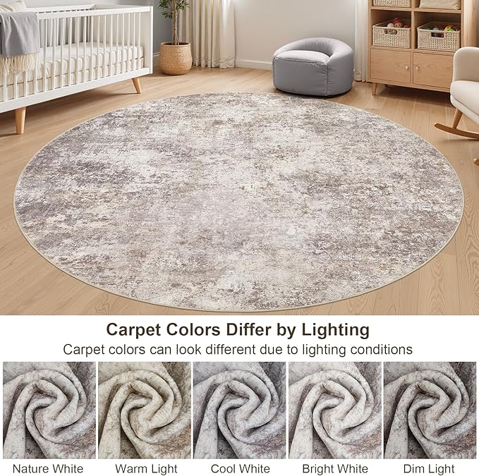 6ft Round Area Rug Living Room Rugs - 6x6 Washable Large Soft Indoor Neutral Modern Abstract Low Pile Rug Carpet for Bedroom Dining Room Farmhouse Home Office - Brown
