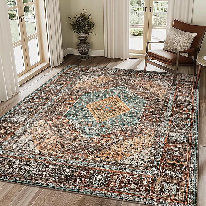 Bavni Washable Rug 3x5 Area Rug for Living Room Bedroom Dining, Washable Print Carpet, Low Pile Lightweight Rug with Non Slip Backing, Vintage Brown/Blue