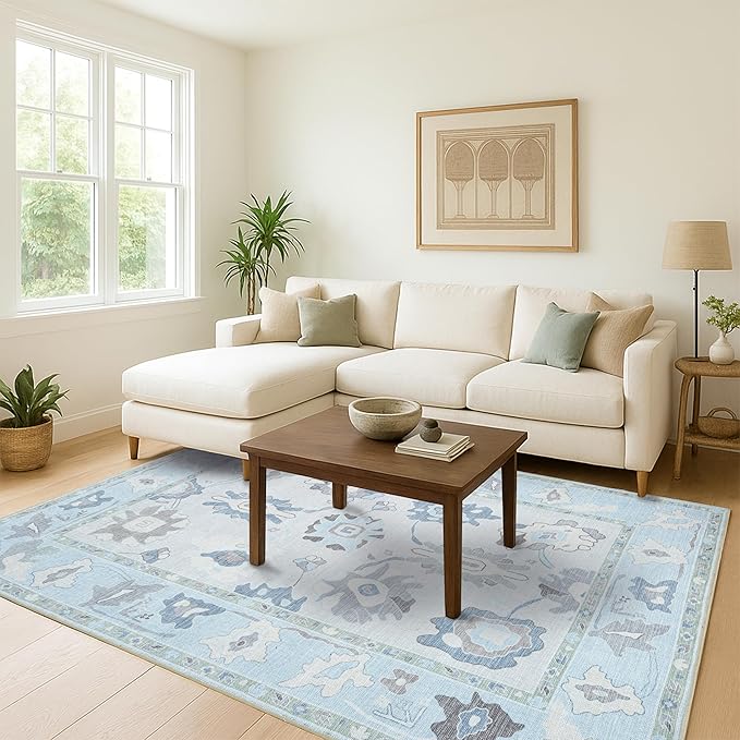 Fame Living Cream Blue Oushak Rug, Modern Rugs, Vintage, Turkish, Eclectic, Floral, Pastel, Washable, Small Throw, Accent Area Rug for Living Room, Bedroom, Kitchen, Bathroom, 2'5"x4'9"