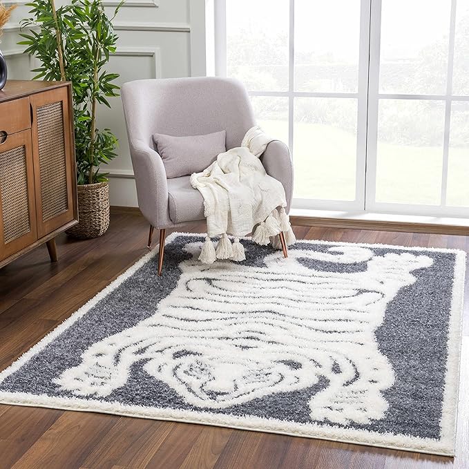 Hauteloom Tilos Moroccan Farmhouse Living Room Bedroom Nursery Shag Area Rug - Shaggy Carpet - Tiger Pattern - High Plush Pile - Dark Grey, Charcoal, Beige, Cream - 7'10" x 10'