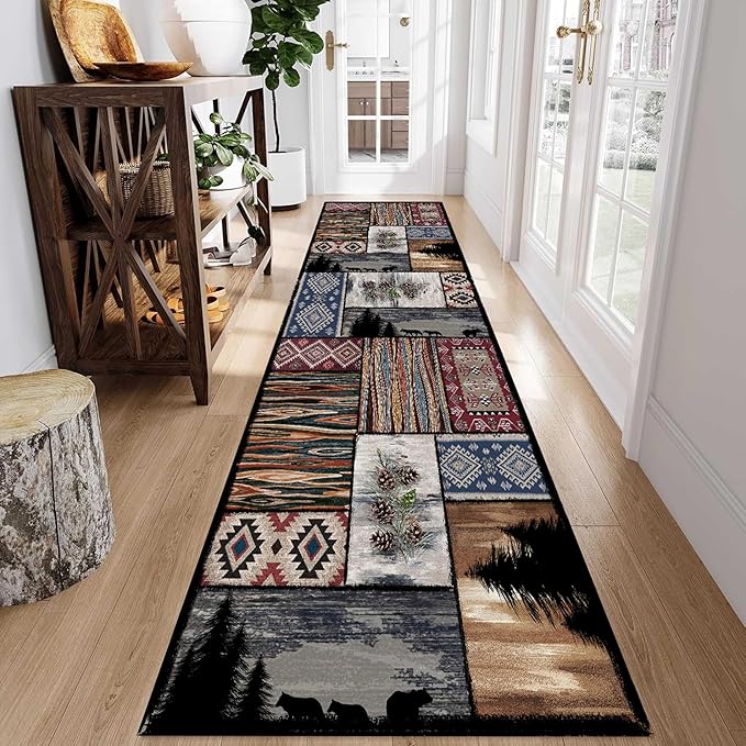 Rustic Country Woodland Rug, 3.3x7ft, Bohemian Forest Woodland Animal Bear Wolf Multicolor Country Rug, Southwestern Native American Hunting Hallway Carpet, Washable Fade Resistant Throw Rug