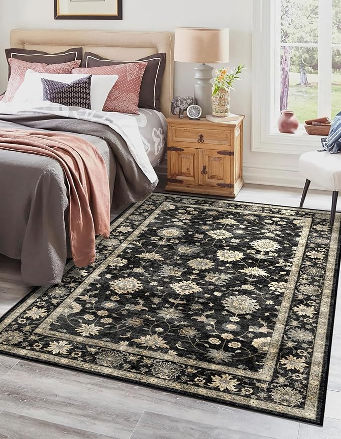 3x5 Washable Area Rug - Small Entryway Rug Non-Slip Charcoal Black Vintage Traditional Floral Kitchen Rugs Low Pile Boho Entry Carpet Throw Rugs for Living Room Bedroom Bathroom Entrance Office