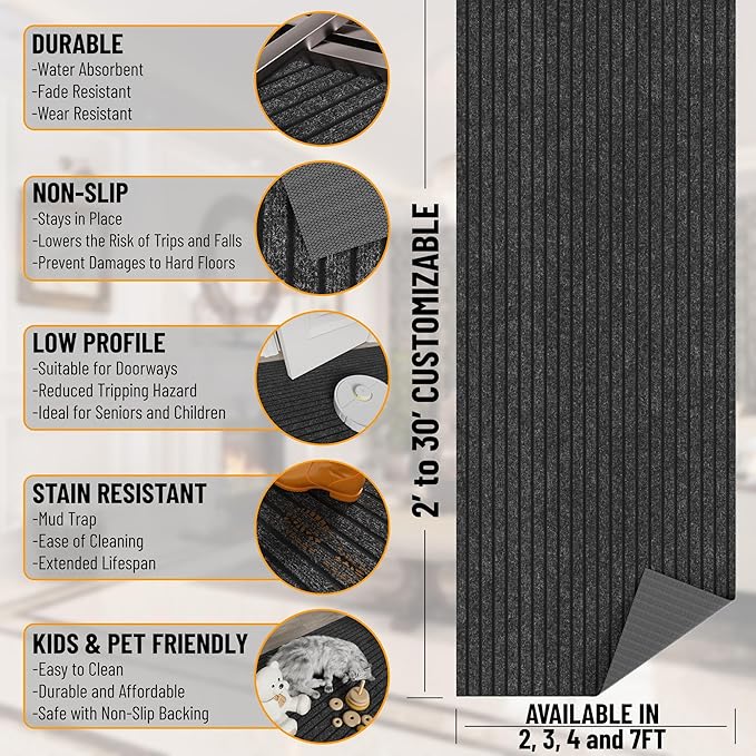 Ottomanson 2'7" x 35' Hallway Runner with Scraper Pile - Extra Durable Non-Slip Rug Mat for Indoor & Outdoor Use - Ideal for Kitchen, Entryway & Garage - High-Traffic Carpet, Black