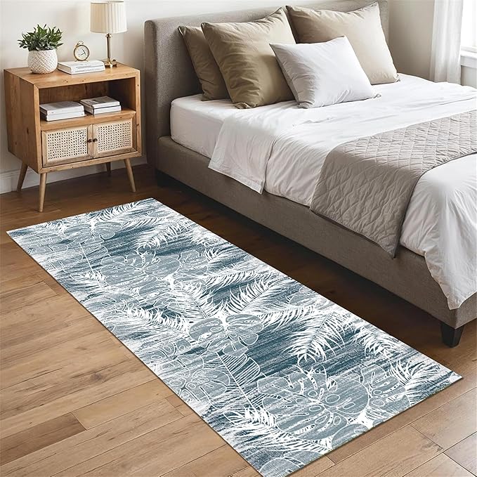Blue White Tropical Runner Rug 2x8ft - Indoor Outdoor Non-Shedding Washable Carpet, Soft Durable Floor Mat for Patio, Hallway, Kitchen, Living Room
