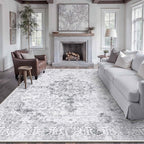 HUGEAR Washable 9x12 Area Rugs Retro Grey Living Room Bedroom Rug Vintage Distressed Non Slip Stain Resistant Low Pile Neutral Throw Carpet for Home Decor