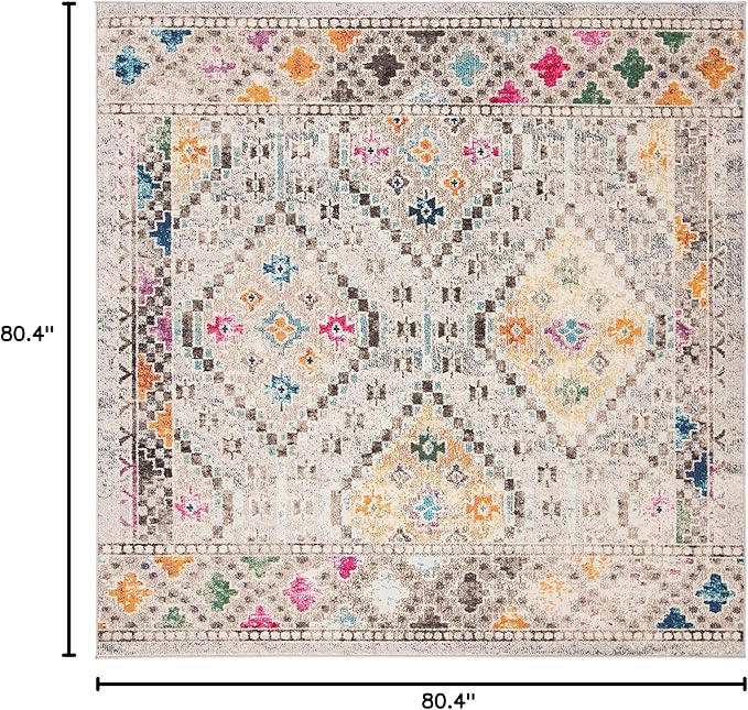 SAFAVIEH Madison Collection Area Rug - 6'7" Square, Grey & Yellow, Boho Diamond Distressed Design, Non-Shedding & Easy Care, Ideal for High Traffic Areas in Living Room, Bedroom (MAD418F)