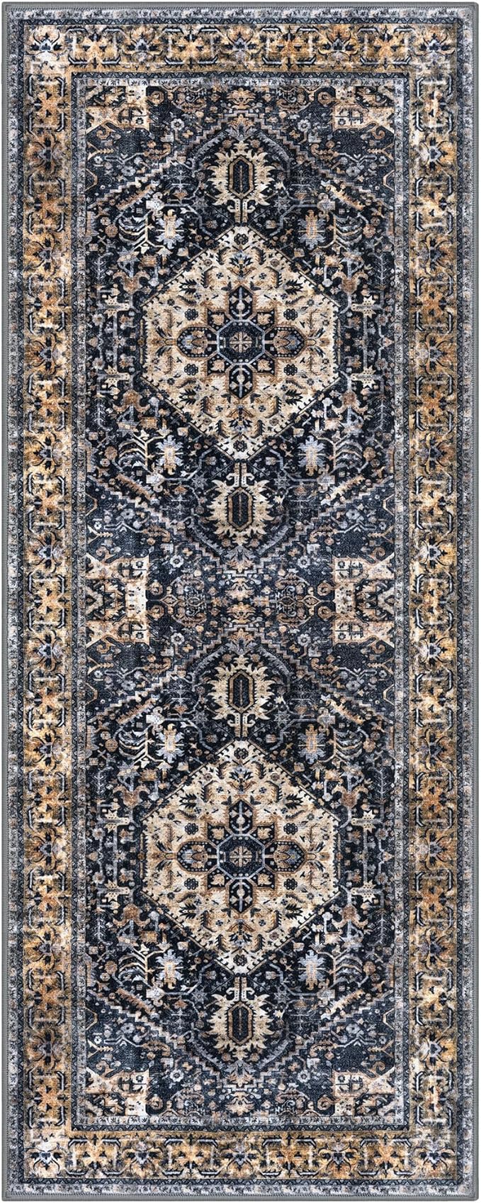 KOZYFLY Runners for Hallways 2.6x8 Ft Washable Kitchen Runner Rug Boho Runner Rug for Entryway Indoor Gold Navy Printed Oriental Faux Wool Floor Carpet Runner for Bedroom Kitchen Hall