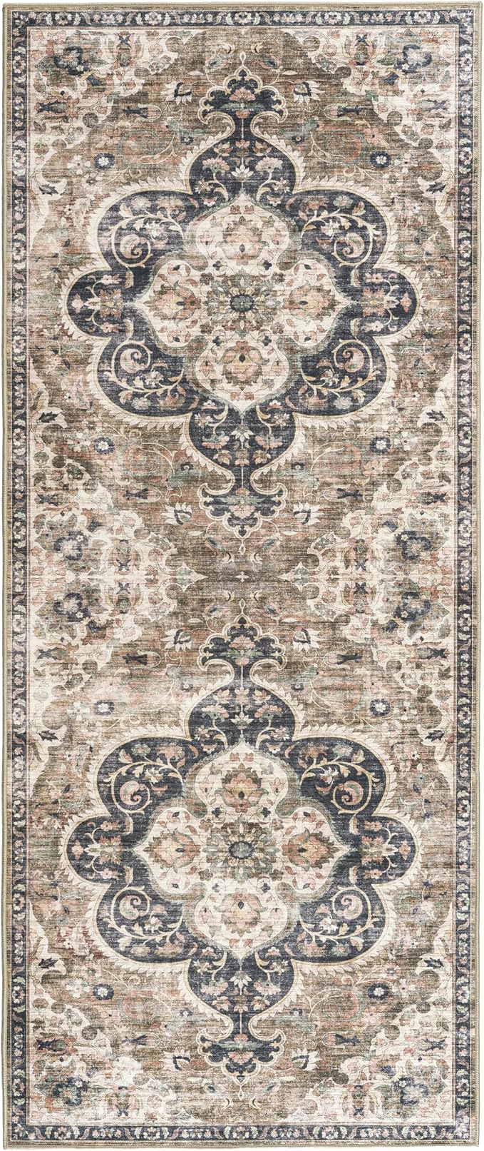 ReaLife Rugs Machine Washable Area Rug Runner - Living Room Bedroom Bathroom Kitchen Entryway Office - Padded Low Pile Stain Resistant Premium - Boho Farmhouse Vintage - Joy - Brown Beige 2'6" x 8'