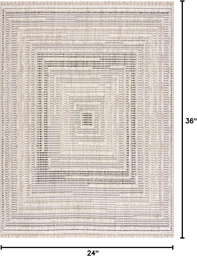 Hauteloom Lunao Living Room, Bedroom Area Rug - Geometric, Solid & Striped - Charcoal, Cream, Beige - 2' x 3'