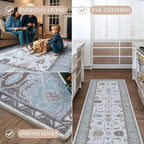 Fame Living Cream Grey Oushak Runner Rug, Modern Runners, Vintage, Turkish, Eclectic, Floral, Pastel, Washable, Long Runner Rugs for Hallway, Kitchen, Living Room, Bedroom, Kitchen, Bathroom, 2'5"x13'