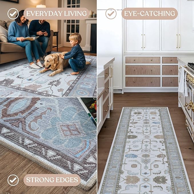 Fame Living Cream Grey Oushak Runner Rug, Modern Runners, Vintage, Turkish, Eclectic, Floral, Pastel, Washable, Long Runner Rugs for Hallway, Kitchen, Living Room, Bedroom, Kitchen, Bathroom, 2'5"x13'