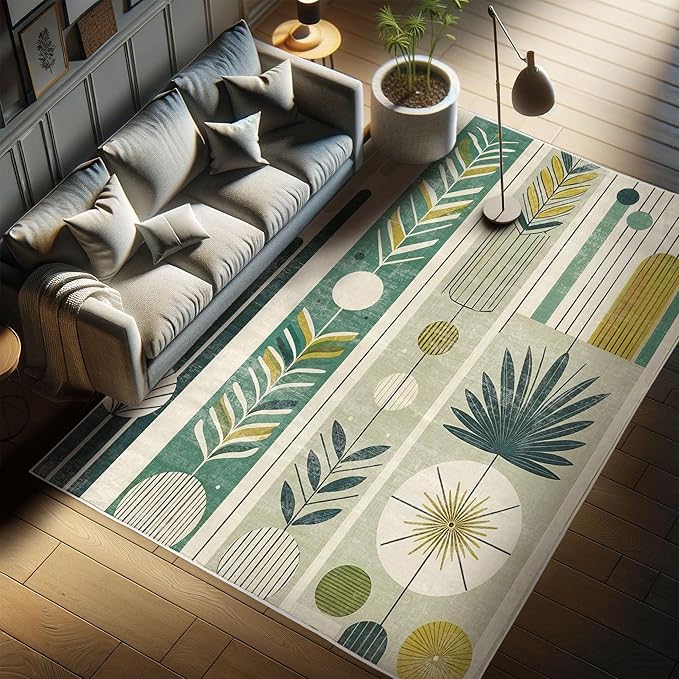 Ambesonne Mid Century Modern Decorative Rug, Abstract Circles Leaves and Stripes in Nature Color Palette, Quality Carpet for Bedroom Dorm and Living Room, 4' X 5' 5", Fawn Teal Pale Green