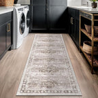Boho Long Bathroom Runner Rug 24 x 72 Washable Non Slip - Soft Stain Reistant Rugs for Kitchen, Laundry Room, Hallway Runner - Neutral Floral Design Décor (2x6 Beige/Latte)