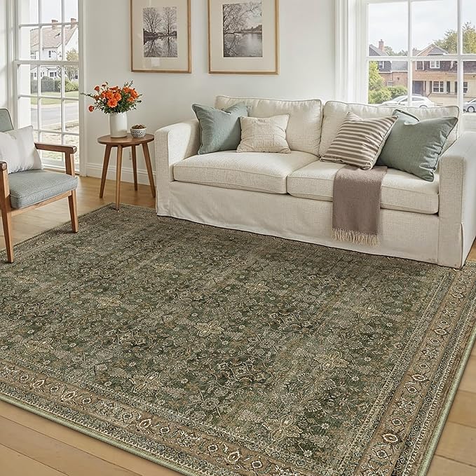 6x9 Area Rug for Living Room Green Brown Vintage Washable Bedroom Carpet Traditional Distressed Soft Non Slip Indoor Large Accent Rug Retro Thin Low Pile Floor Cover for Dining Room Playroom